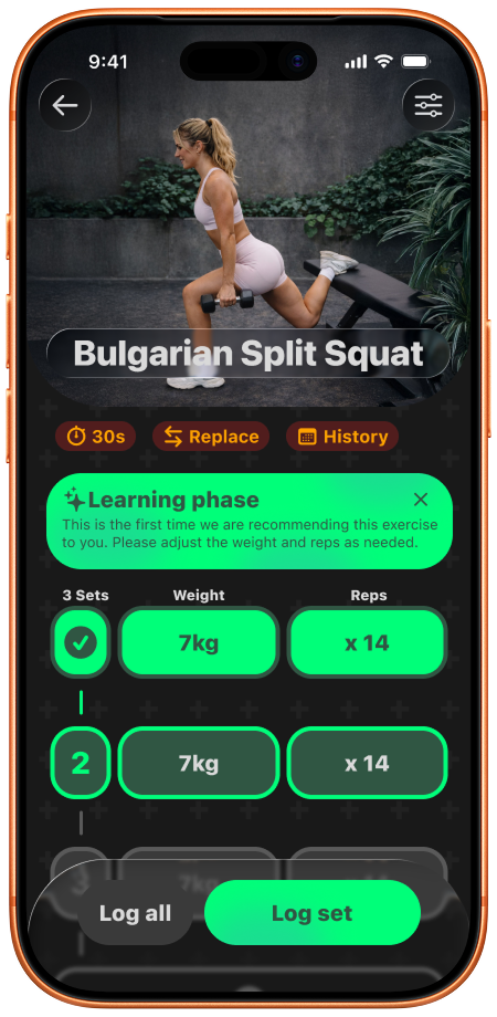 Hoox exercise detail screen with sets, reps, weight, and coaching cues