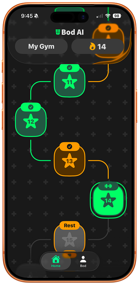 Hoox home view showing a workout progression path with completed and upcoming sessions
