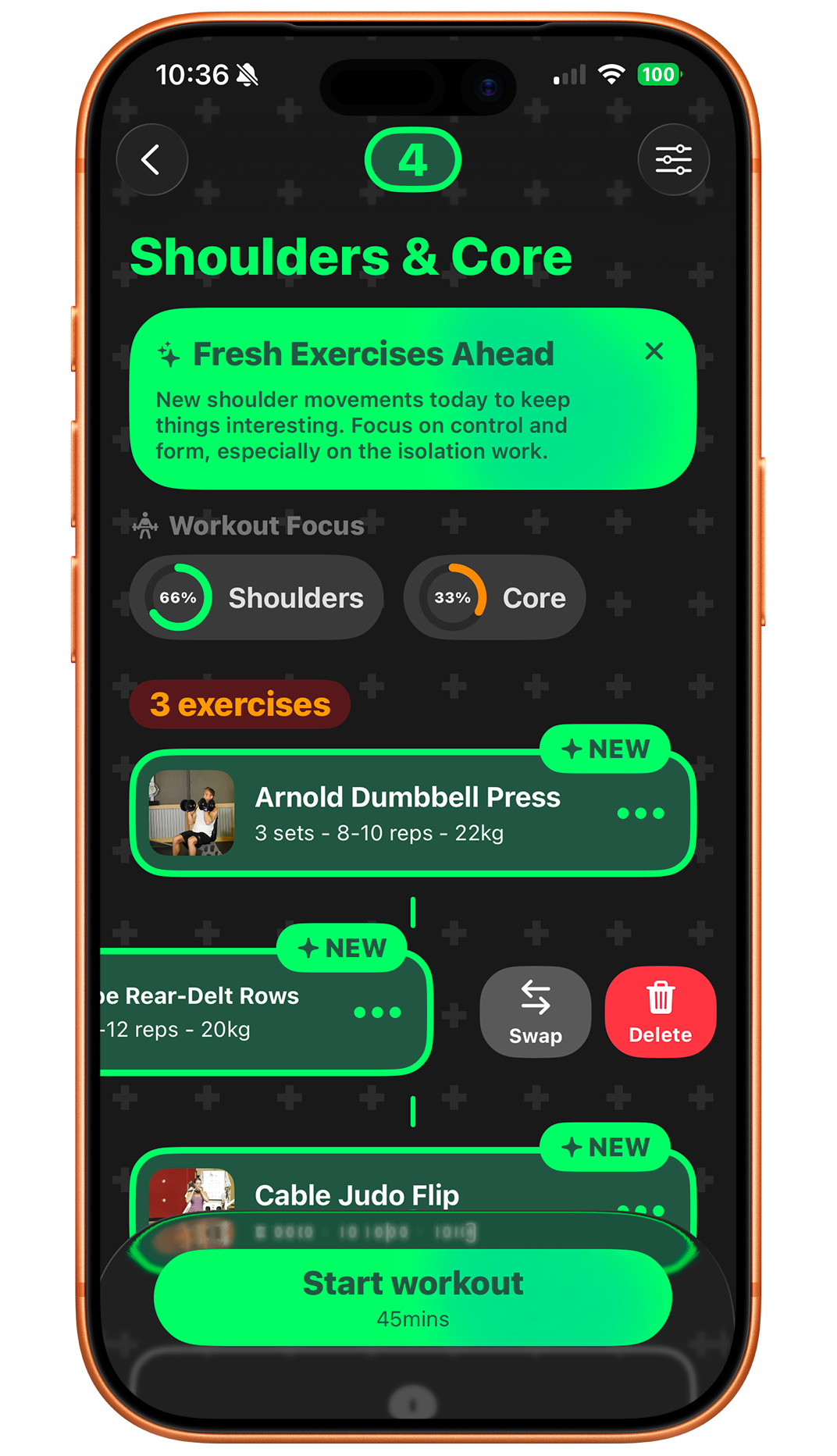 Hoox workout preview screen showing shoulders and core exercises with sets and reps